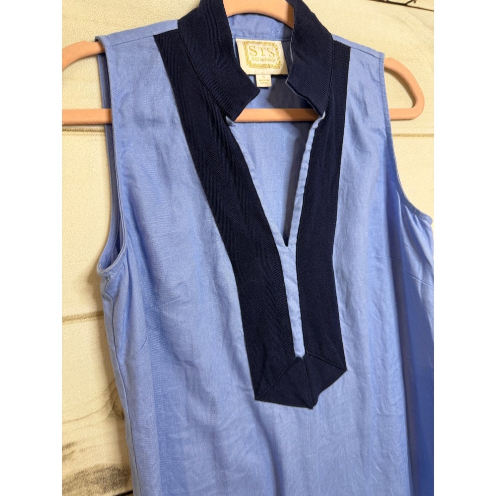 Sail to Sable Blue 100% Linen Sleeveless Shift Dress Navy Trim Preppy Womens S - Picture 2 of 5